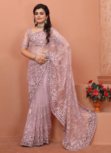 Dazzling Lavender Net Embroidered Contemporary Saree for Ceremonial