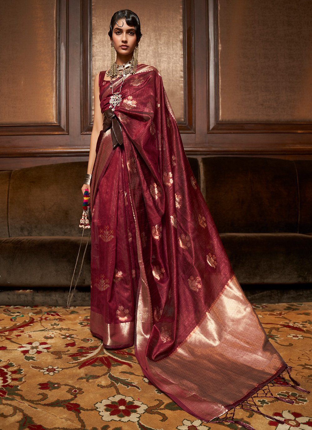 Dazzling Maroon Handloom Silk Woven Classic Designer Saree