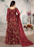 Dazzling Maroon Net Embroidered Floor Length Anarkali Salwar Suit for Engagement - 1