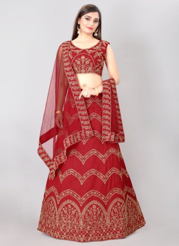 Dazzling Maroon Silk Blend Embroidered A Line Lehe