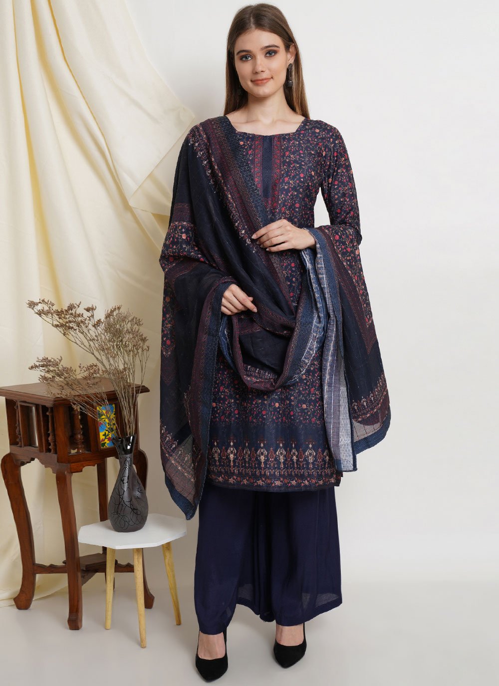 Dazzling Navy Blue Fancy Fabric Digital Print Designer Straight Salwar Suit