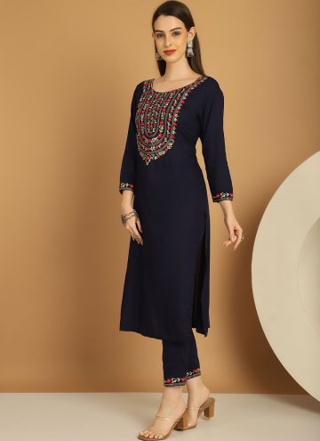 Dazzling Navy Blue Rayon Embroidered Readymade Designer Salwar Suit
