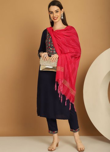 Dazzling Navy Blue Rayon Embroidered Readymade Des
