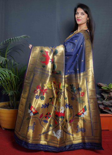 Dazzling Navy Blue Silk Jacquard Work Classic Designer Saree for Ceremonial