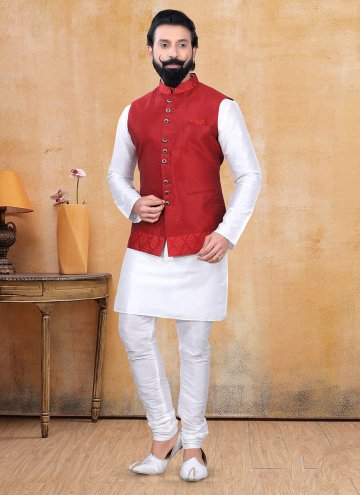 Dazzling Off White and Red Silk Fancy work Kurta Payjama With Jacket