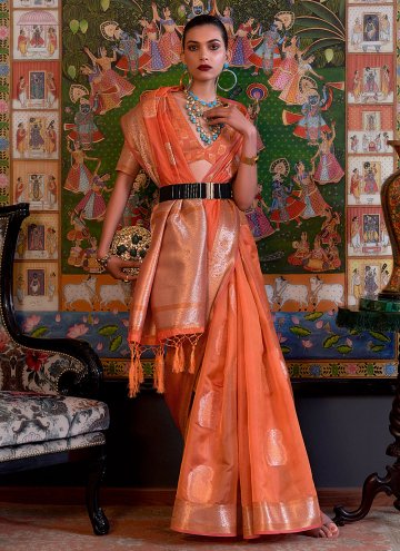 Dazzling Orange Organza Woven Contemporary Saree for Party