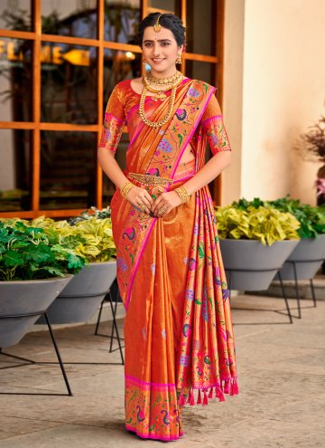 Dazzling Orange Silk Woven Designer Traditional Sa