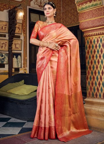 Dazzling Peach Banarasi Woven Designer Saree