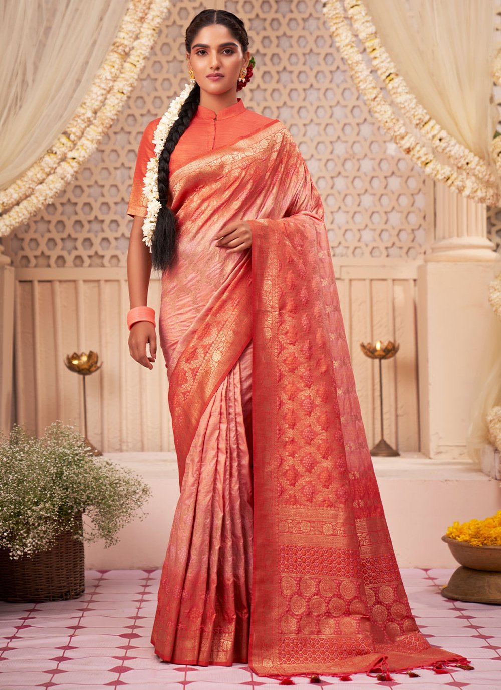 Dazzling Peach Raw Silk Woven Designer Saree for Reception