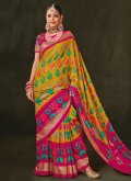 Dazzling Pink and Yellow Silk Foil Print Trendy Saree for Ceremonial - 1
