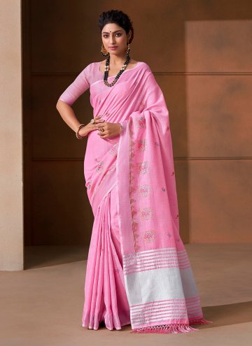 Dazzling Pink Linen Embroidered Classic Designer Saree for Ceremonial