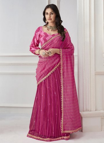 Dazzling Pink Net Embroidered Trendy Saree