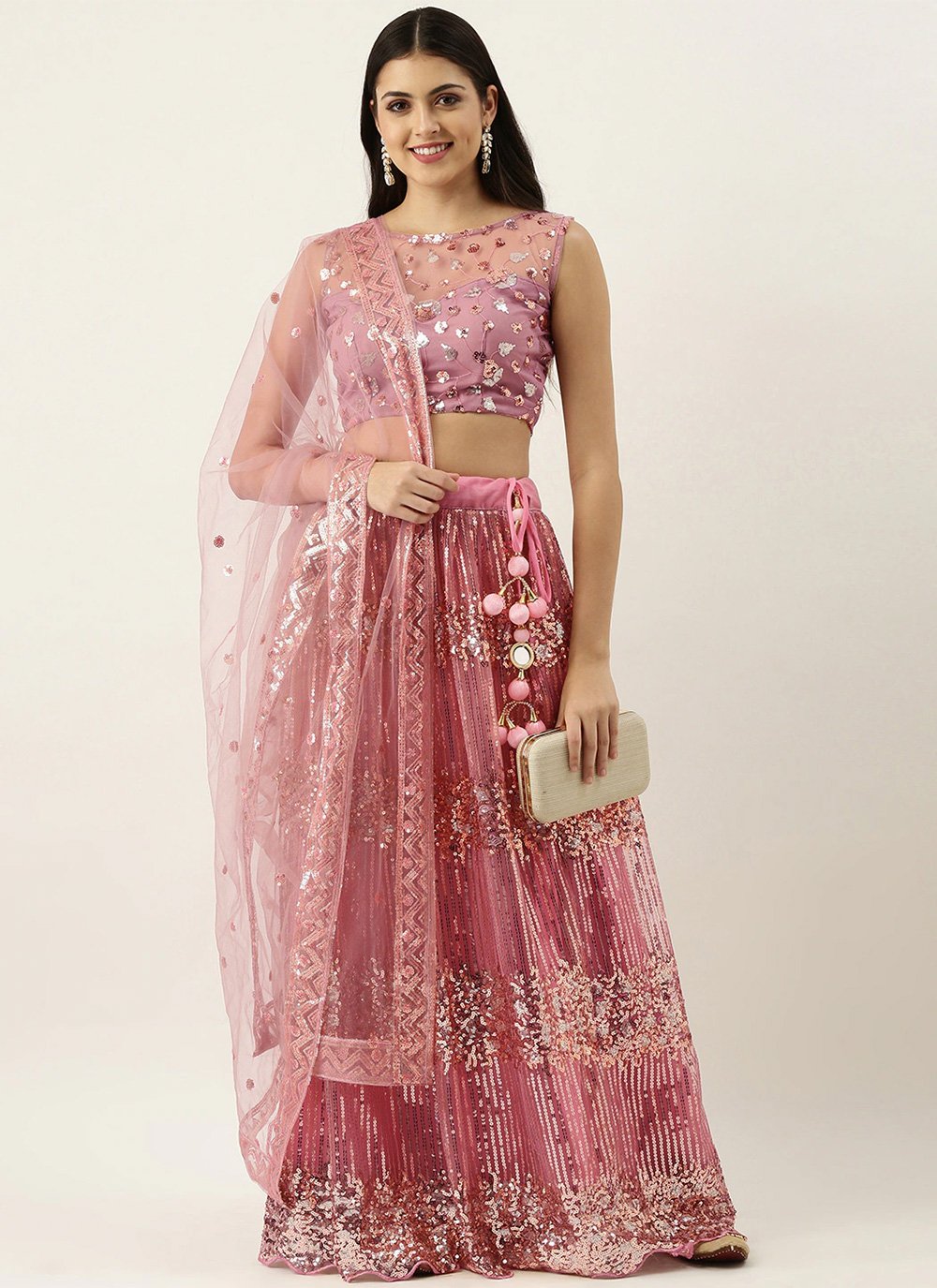 Dazzling Pink Net Sequins Work A Line Lehenga Choli