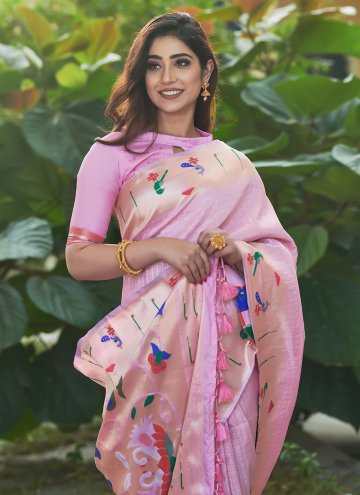 Dazzling Pink Silk Floral Print Trendy Saree for Festival