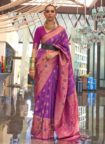 Dazzling Purple Handloom Silk Woven Classic Designer Saree