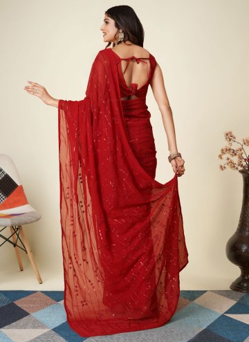 Dazzling Red Georgette Sequins Work Designer Saree