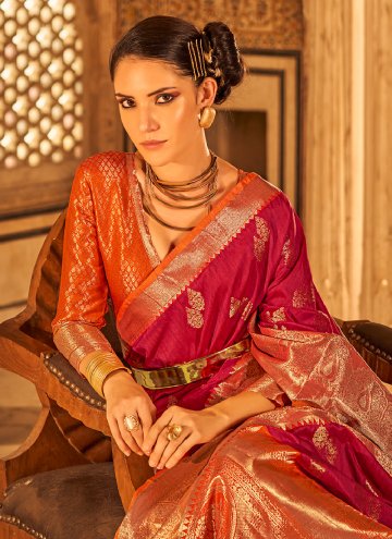 Dazzling Red Tussar Silk Woven Trendy Saree