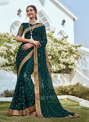 Dazzling Teal Shimmer Embroidered Trendy Saree for