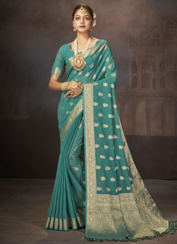 Dazzling Turquoise Faux Georgette Woven Trendy Sar
