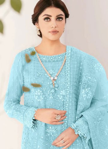 Dazzling Turquoise Organza Embroidered Designer Salwar Kameez for Ceremonial