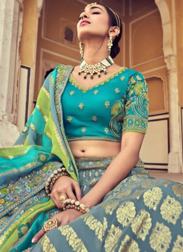 Dazzling Turquoise Silk Beads A Line Lehenga Choli for Engagement