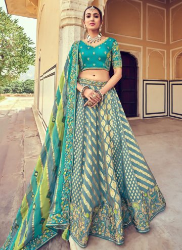 Dazzling Turquoise Silk Beads A Line Lehenga Choli for Engagement