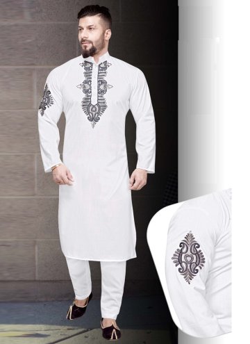 Dazzling White Cotton  Resham Work Kurta Pyjama for Engagement