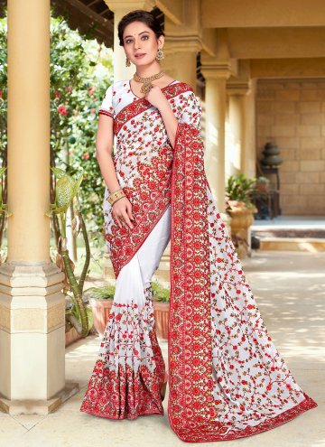 Dazzling White Georgette Embroidered Trendy Saree 