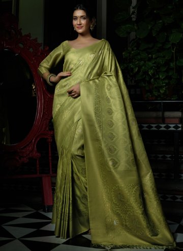 Dazzling Woven Kanjivaram Silk Gold and Green Contemporary Saree