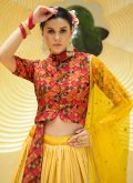 Dazzling Yellow Chinon Embroidered A Line Lehenga Choli for Engagement - 1