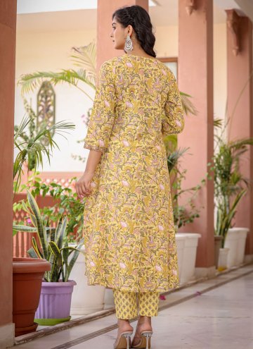 Dazzling Yellow Cotton  Printed Pant Style Suit for Casual
