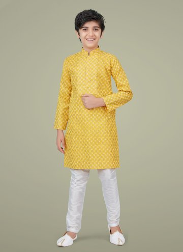 Dazzling Yellow Cotton Silk Printed Kurta Pyjama