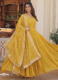 Dazzling Yellow Faux Georgette Embroidered Designer Gown - 1