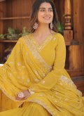Dazzling Yellow Faux Georgette Embroidered Designer Gown - 3