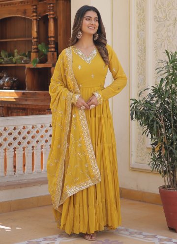 Dazzling Yellow Faux Georgette Embroidered Designer Gown