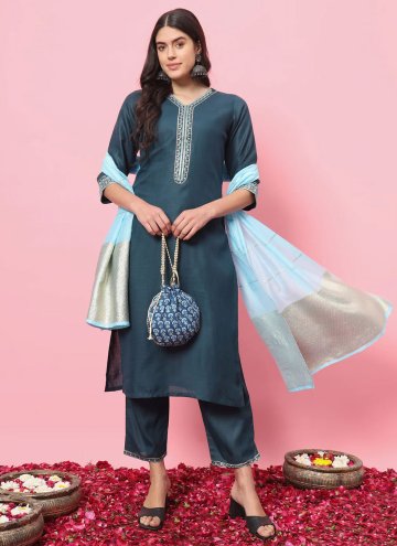 Designer Blended Cotton Teal Trendy Salwar Suit