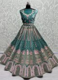 Diamond Work Velvet Turquoise Designer Lehenga Choli - 1