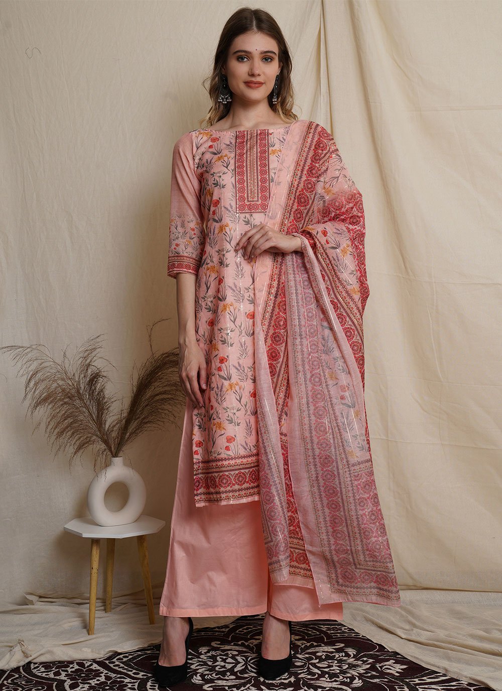 Digital Print Chanderi Peach Designer Pakistani Salwar Suit