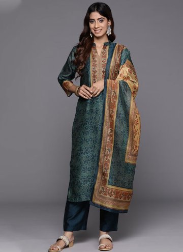 Digital Print Chanderi Silk Teal Pakistani Suit