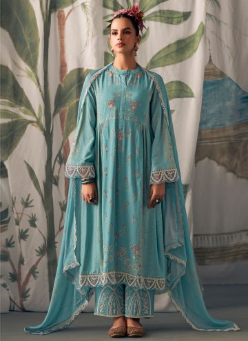 Digital Print Muslin Aqua Blue Trendy Salwar Suit