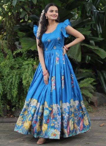 Digital Print Silk Aqua Blue Designer Gown