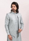 Embroidered Art Banarasi Silk Grey Kurta Payjama With Jacket - 3