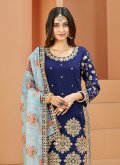 Embroidered Art Silk Navy Blue Straight Salwar Suit - 1