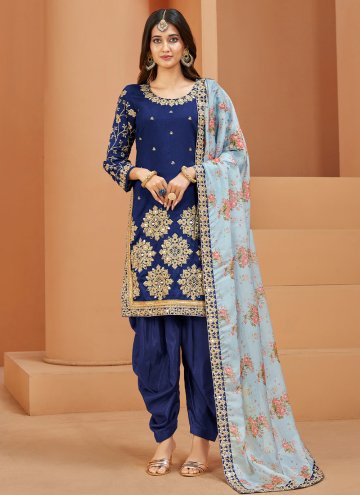 Embroidered Art Silk Navy Blue Straight Salwar Suit