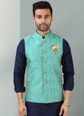 Embroidered Banarasi Blue and Turquoise Kurta Payjama With Jacket - 1