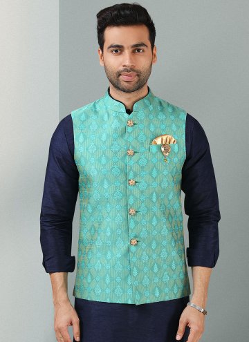 Embroidered Banarasi Blue and Turquoise Kurta Payjama With Jacket