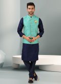 Embroidered Banarasi Blue and Turquoise Kurta Payjama With Jacket - 3