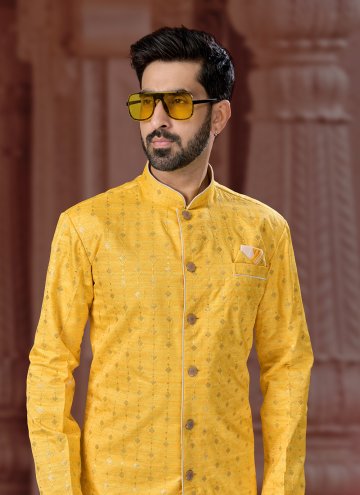 Embroidered Banglori Silk Yellow Indo Western Sherwani