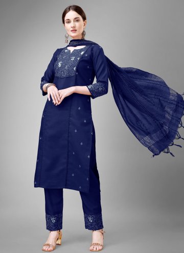 Embroidered Blended Cotton Blue Pant Style Suit