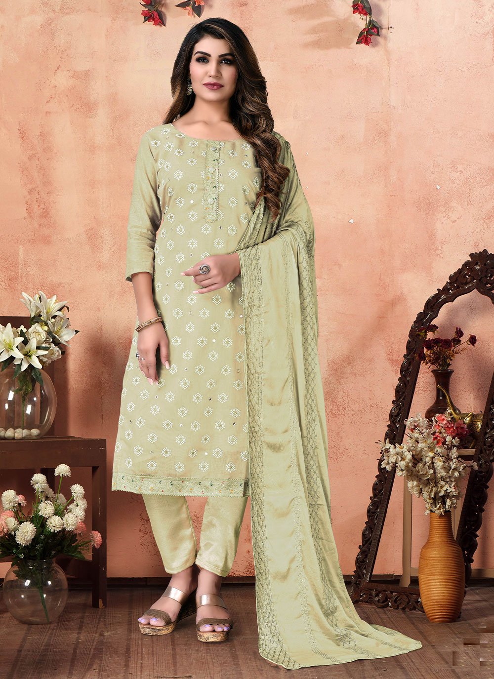 Embroidered Chanderi Cotton Beige Salwar Suit